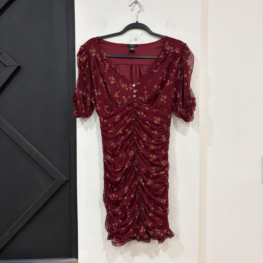 Rue 21 Floral Ruched Mesh Bodycon Dress Size Medium Puff Sleeve Cottage Whimsy
